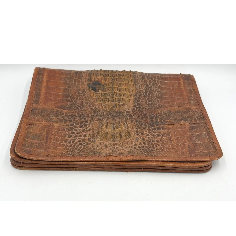 Vintage Reptile Embossed Leather Clutch Brown Portfolio Zip Bag Hornback Style